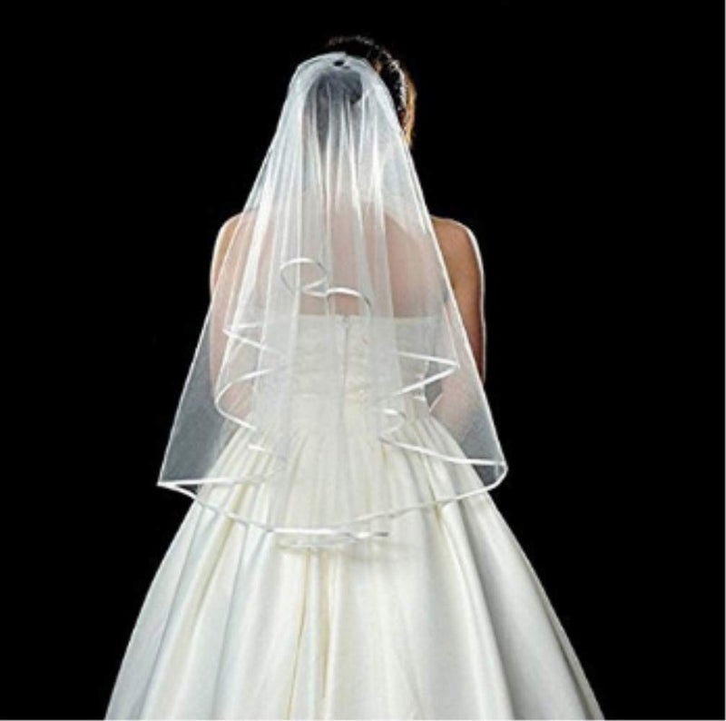 ZIYAN White Double Ribbon Edge Center Cascade Bridal Wedding Veil with Comb - Image 2